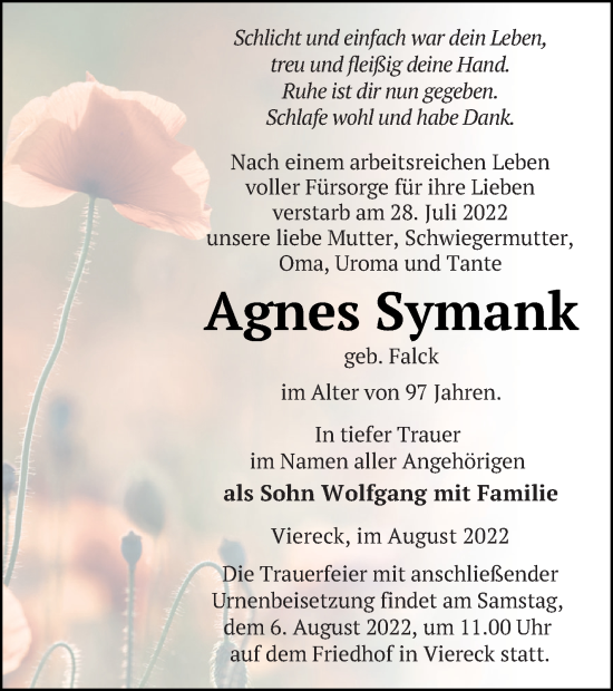 Traueranzeige von Agnes Symank von Haff-Zeitung