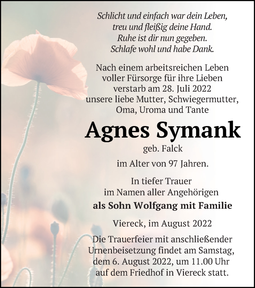 Traueranzeige für Agnes Symank vom 03.08.2022 aus Haff-Zeitung