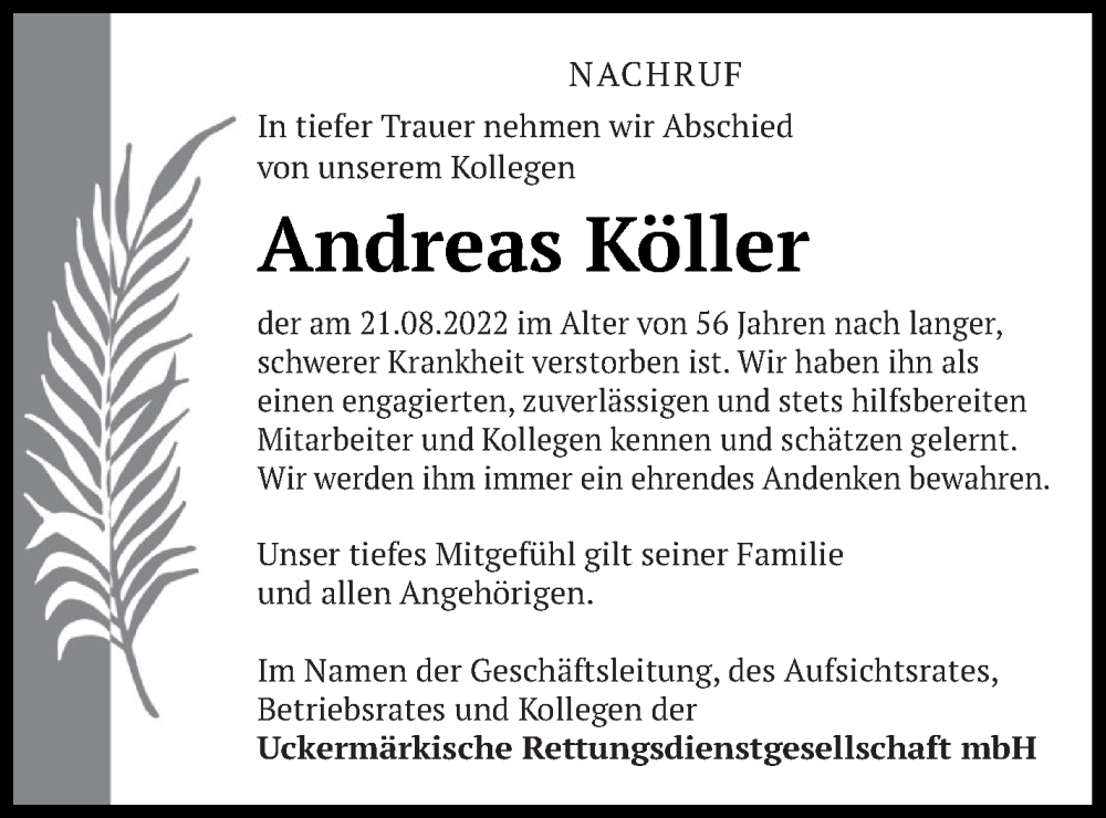  Traueranzeige für Andreas Köller vom 30.08.2022 aus Prenzlauer Zeitung