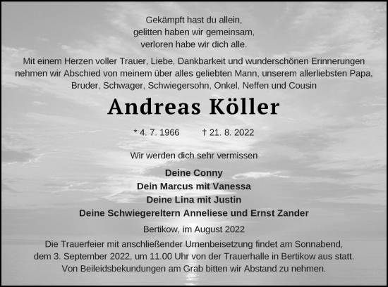 Traueranzeige von Andreas Köller von Prenzlauer Zeitung