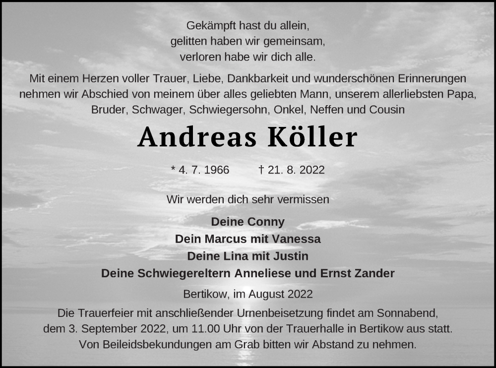  Traueranzeige für Andreas Köller vom 27.08.2022 aus Prenzlauer Zeitung