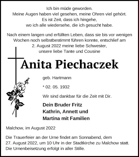 Traueranzeige von Anita Piechaczek von Müritz-Zeitung