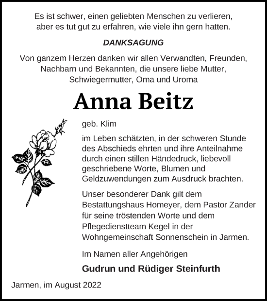 Traueranzeige von Anna Beitz von Vorpommern Kurier