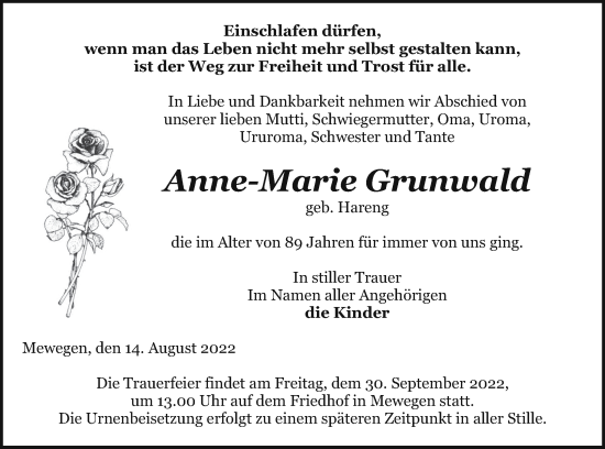 Traueranzeige von Anne-Marie Grunwald von Pasewalker Zeitung