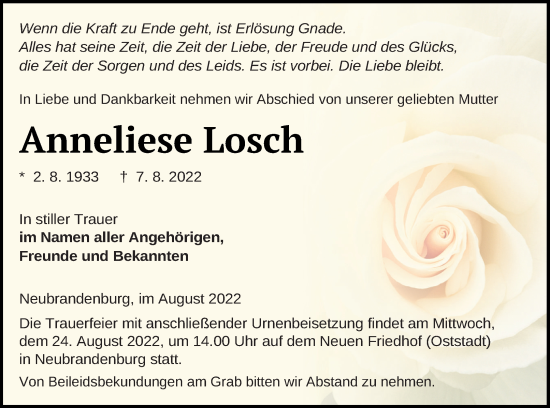 Traueranzeige von Anneliese Losch von Neubrandenburger Zeitung