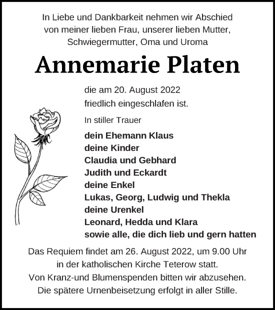 Traueranzeige von Annemarie Platen von Mecklenburger Schweiz