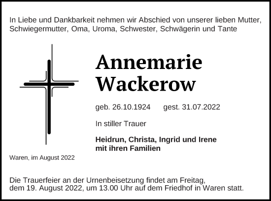 Traueranzeige von Annemarie Wackerow von Müritz-Zeitung