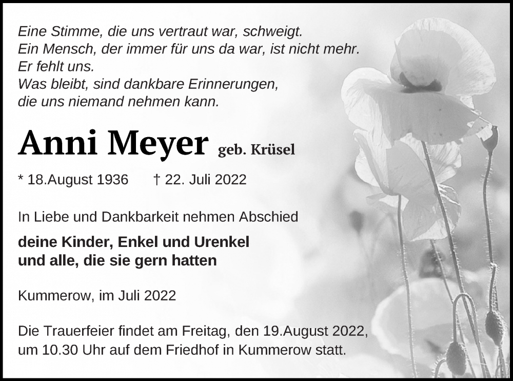  Traueranzeige für Anni Meyer vom 06.08.2022 aus Mecklenburger Schweiz