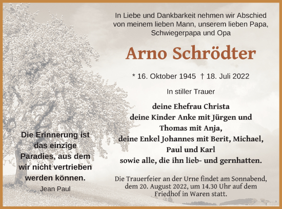Traueranzeige von Arno Schrödter von Müritz-Zeitung