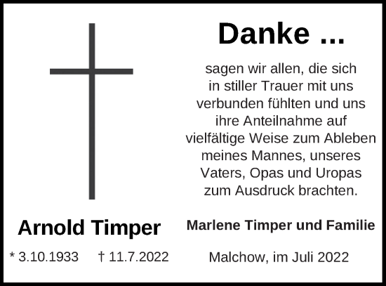 Traueranzeige von Arnold Timper von Müritz-Zeitung