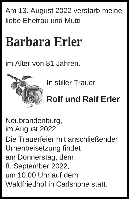 Traueranzeige von Barbara Erler von Neubrandenburger Zeitung