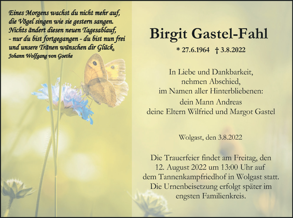  Traueranzeige für Birgit Gastel-Fahl vom 09.08.2022 aus Neubrandenburger Zeitung