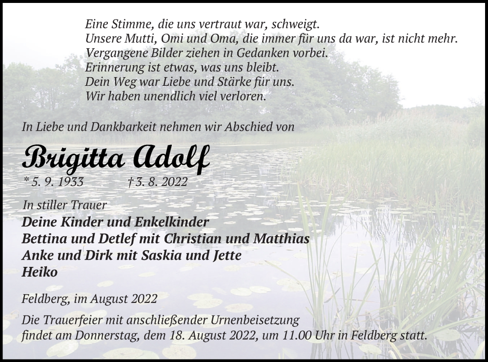  Traueranzeige für Brigitta Adolf vom 06.08.2022 aus Strelitzer Zeitung
