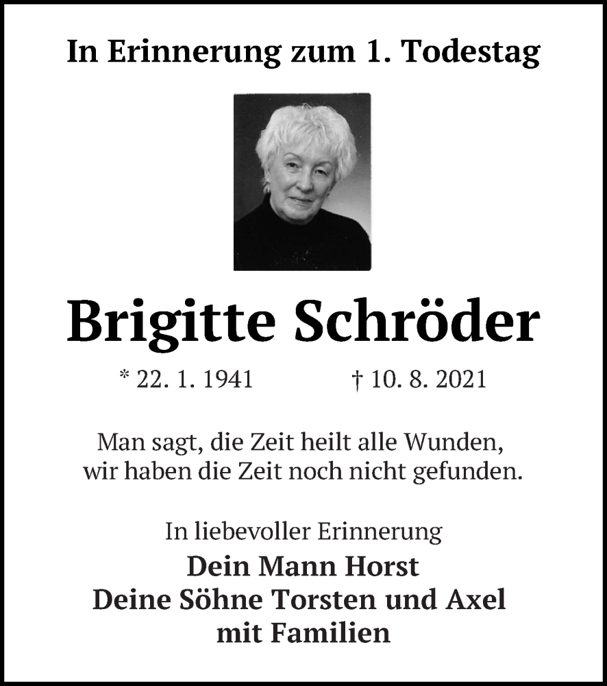  Traueranzeige für Brigitte Schröder vom 10.08.2022 aus Neubrandenburger Zeitung