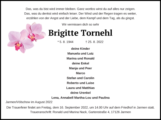 Traueranzeige von Brigitte Tornehl von Vorpommern Kurier