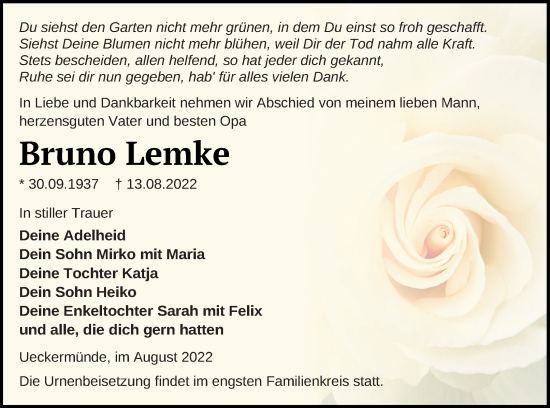 Traueranzeige von Bruno Lemke von Haff-Zeitung
