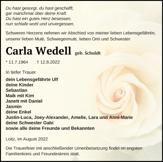 Traueranzeige von Carla Wedell von Vorpommern Kurier