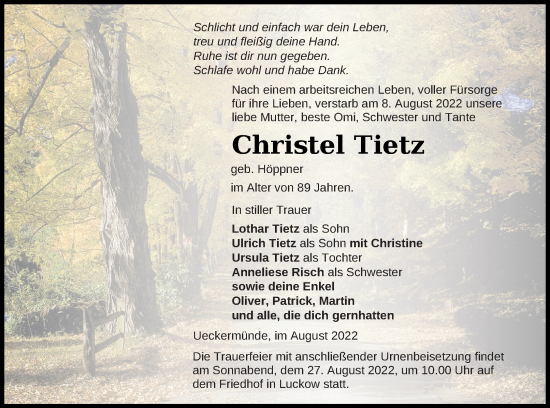 Traueranzeige von Christel Tietz von Haff-Zeitung