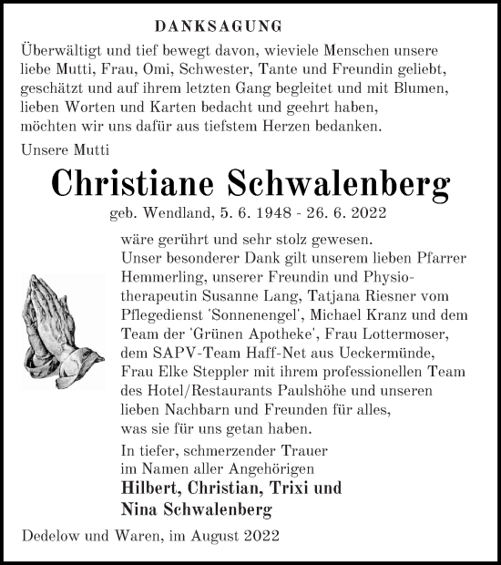 Traueranzeige von Christiane Schwalenberg von Müritz-Zeitung