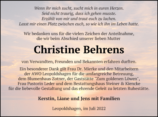 Traueranzeige von Christine Behrens von Haff-Zeitung