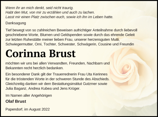 Traueranzeige von Corinna Brust von Pasewalker Zeitung