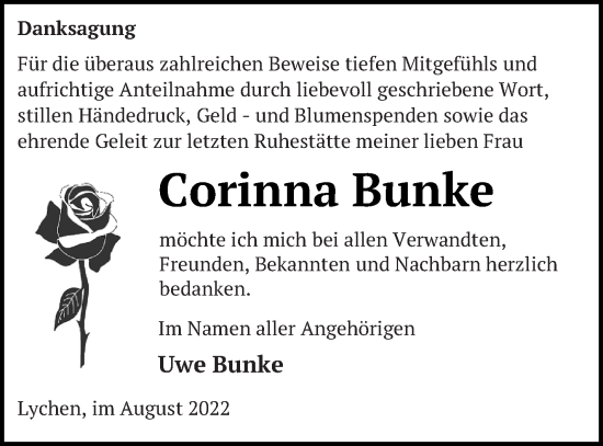 Traueranzeige von Corinna Bunke von Templiner Zeitung