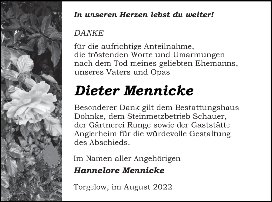 Traueranzeige von Dieter Mennicke von Haff-Zeitung