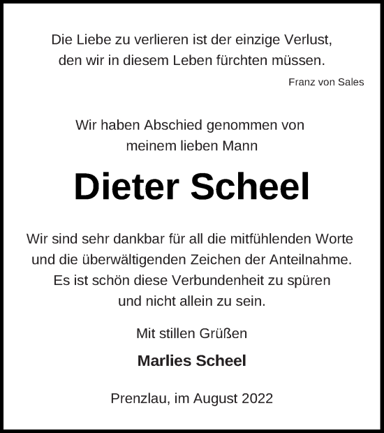 Traueranzeige von Dieter Scheel von Prenzlauer Zeitung