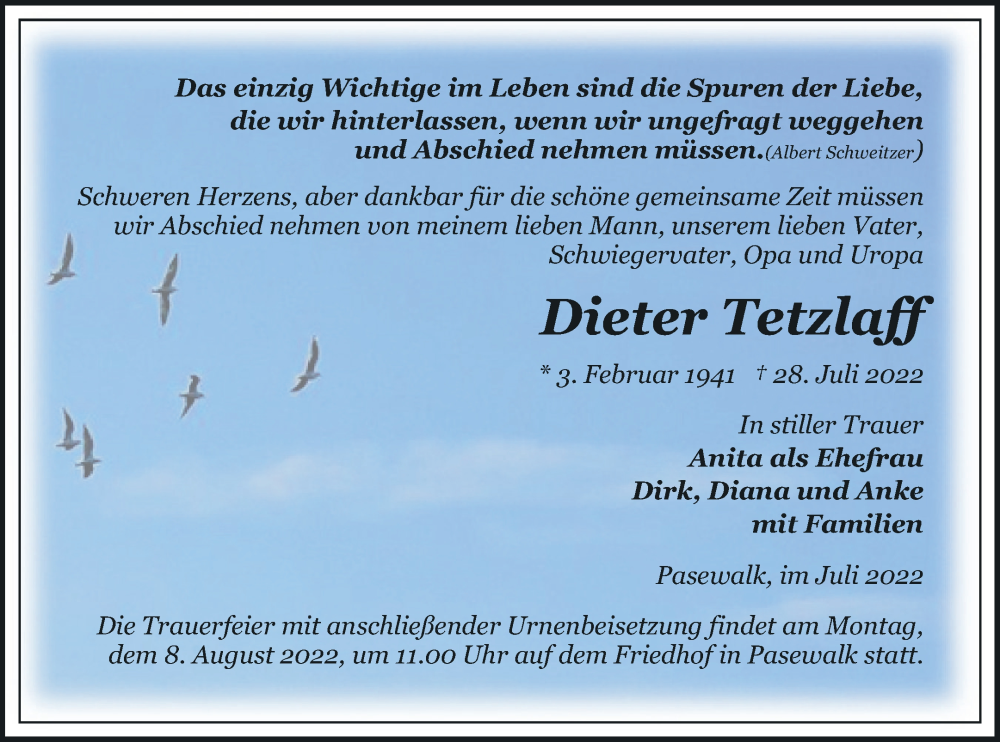  Traueranzeige für Dieter Tetzlaff vom 02.08.2022 aus Pasewalker Zeitung