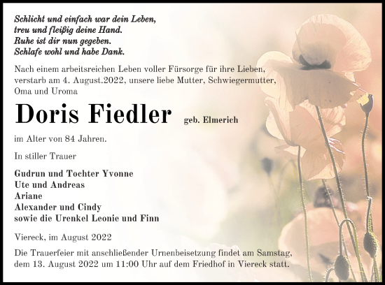 Traueranzeige von Doris Fiedler von Pasewalker Zeitung