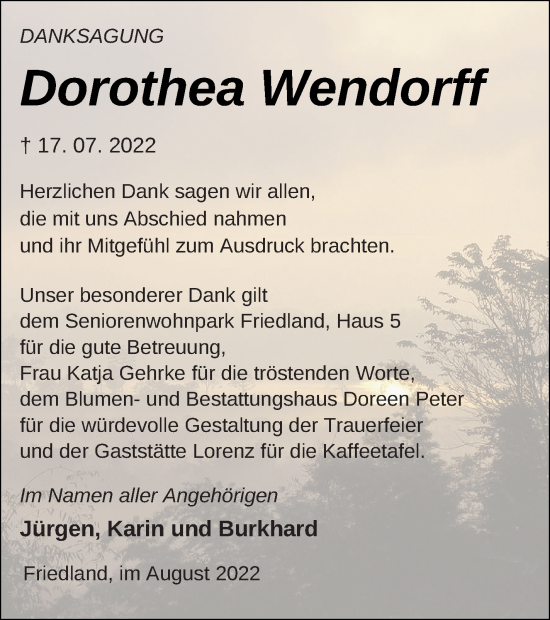 Traueranzeige von Dorothea Wendorff von Neubrandenburger Zeitung