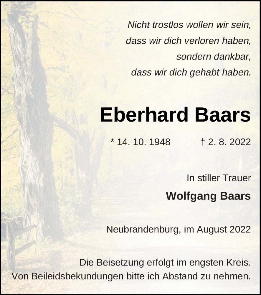  Traueranzeige für Eberhard Baars vom 06.08.2022 aus Neubrandenburger Zeitung