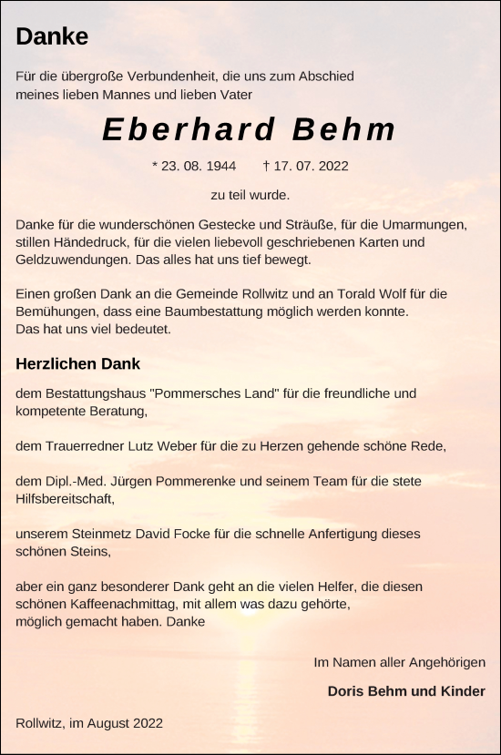 Traueranzeige von Eberhard Behm von Pasewalker Zeitung