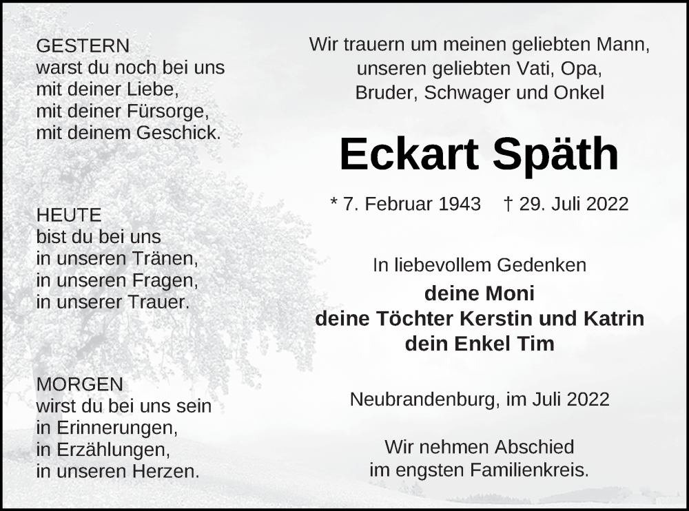  Traueranzeige für Eckart Späth vom 05.08.2022 aus Neubrandenburger Zeitung