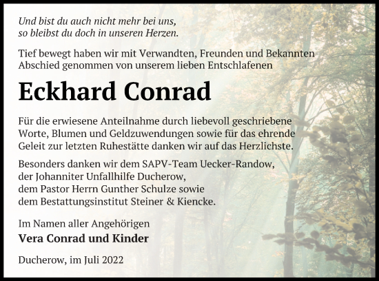 Traueranzeige von Eckhard Conrad von Vorpommern Kurier