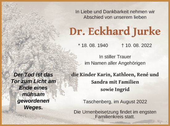 Traueranzeige von Eckhard Jurke von Pasewalker Zeitung