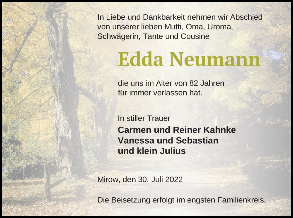  Traueranzeige für Edda Neumann vom 03.08.2022 aus Strelitzer Zeitung