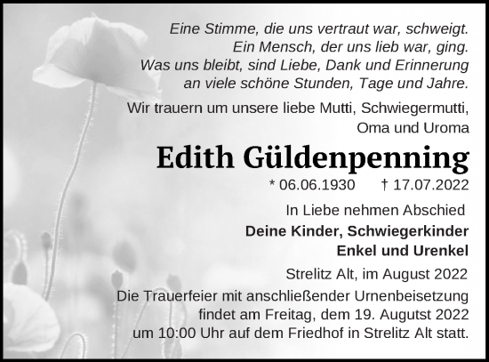 Traueranzeige von Edith Güldenpenning von Strelitzer Zeitung