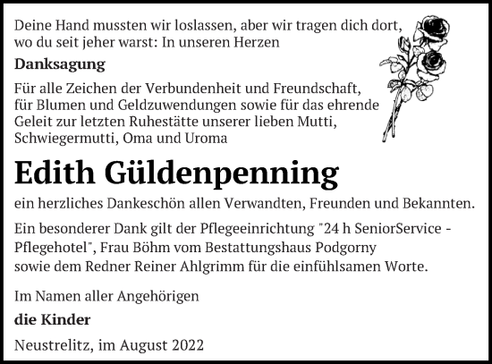 Traueranzeige von Edith Güldenpenning von Strelitzer Zeitung