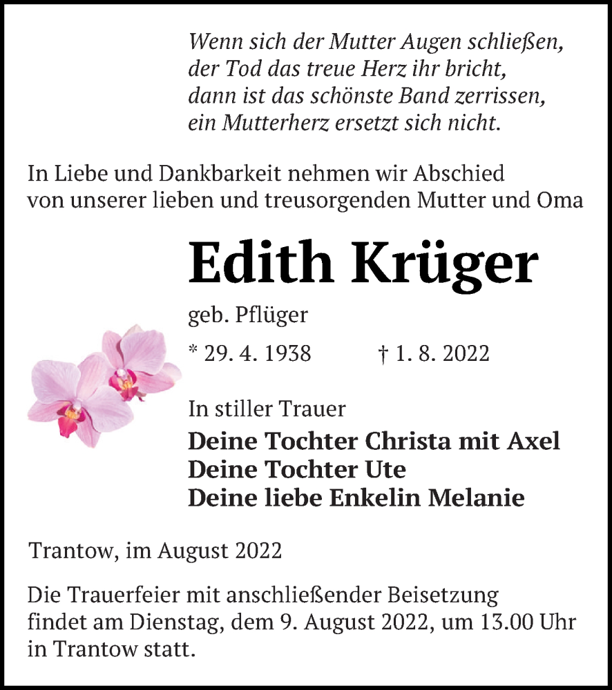  Traueranzeige für Edith Krüger vom 05.08.2022 aus Vorpommern Kurier