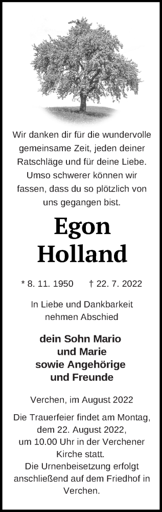 Traueranzeige von Egon Holland von Demminer Zeitung