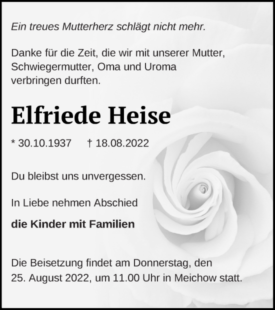 Traueranzeige von Elfriede Heise von Prenzlauer Zeitung