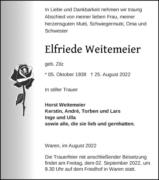 Traueranzeige von Elfriede Weitemeier von Müritz-Zeitung