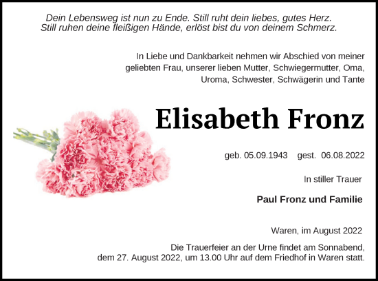 Traueranzeige von Elisabeth Fronz von Müritz-Zeitung