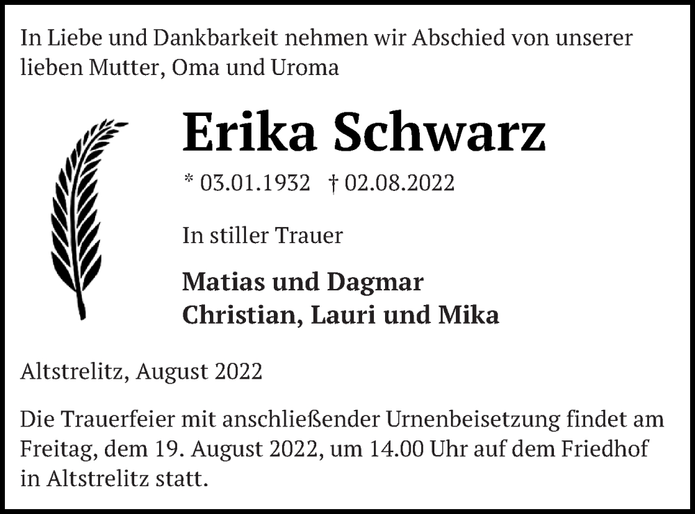  Traueranzeige für Erika Schwarz vom 06.08.2022 aus Strelitzer Zeitung