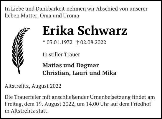 Traueranzeige von Erika Schwarz von Strelitzer Zeitung