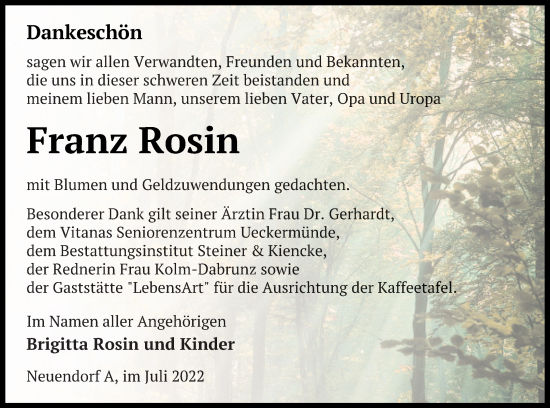 Traueranzeige von Franz Rosin von Haff-Zeitung