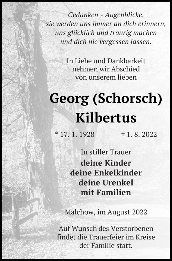 Traueranzeige von Georg Kilbertus von Müritz-Zeitung