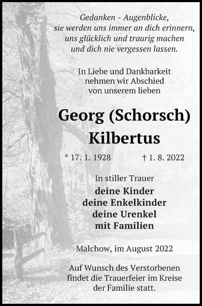  Traueranzeige für Georg Kilbertus vom 06.08.2022 aus Müritz-Zeitung