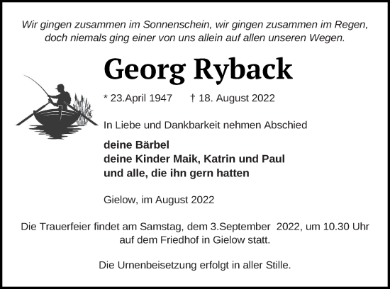 Traueranzeige von Georg Ryback von Mecklenburger Schweiz